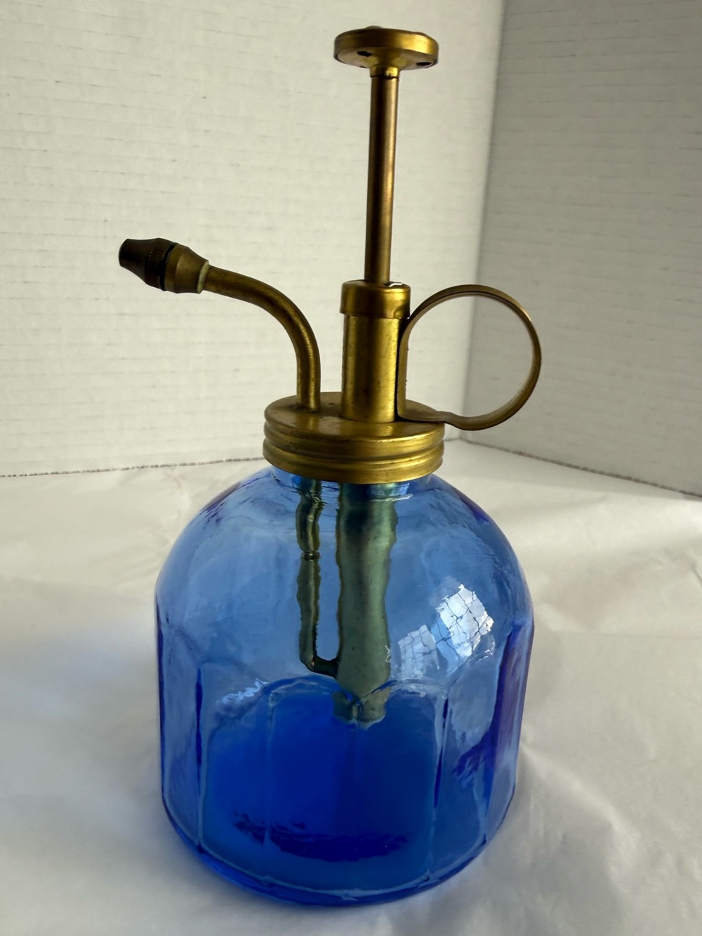 Vintage-Style Blue Glass Plant Mister Spray Bottle with Brass Pump Top